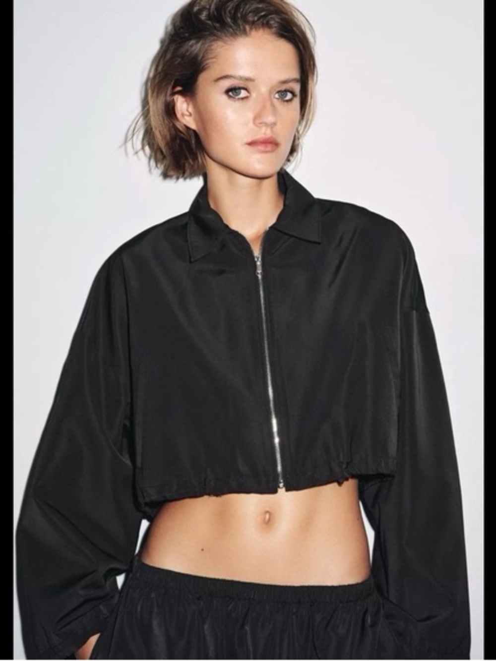 Zara Black Cropped Bomber Jacket with Silver Zip